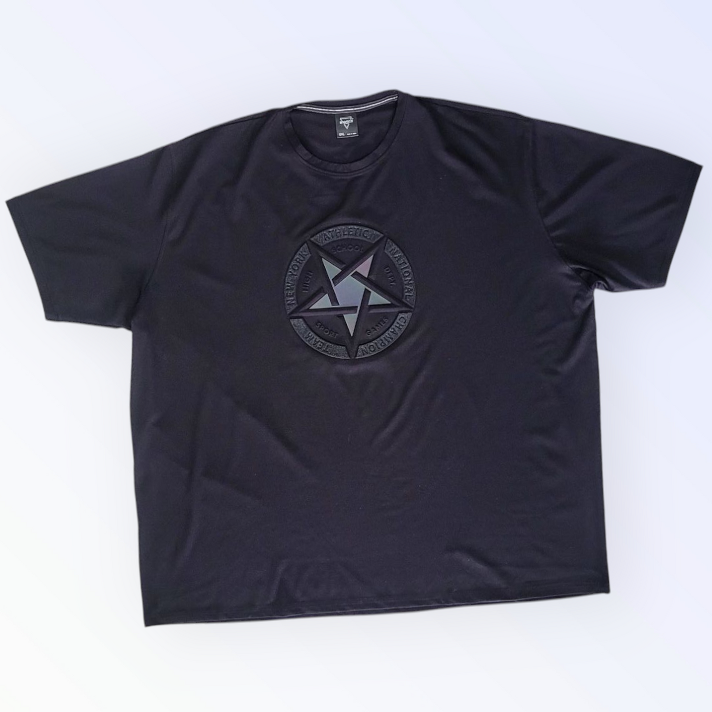 "Big-size designer T-shirt for men (3XL-8XL) – Premium fabric with heavy creations, vacuum embossing, and reflector detailing."