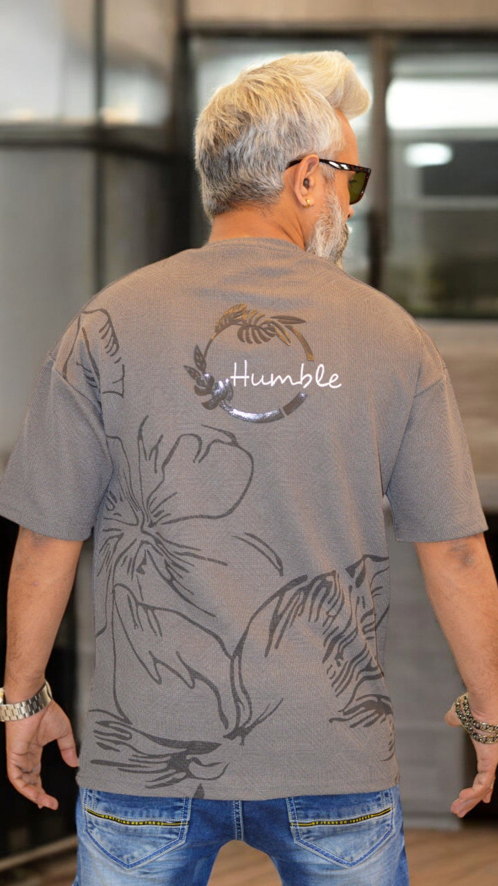 Back View: "Back view of grey oversized drop-shoulder T-shirt – Urban streetwear with premium printing"