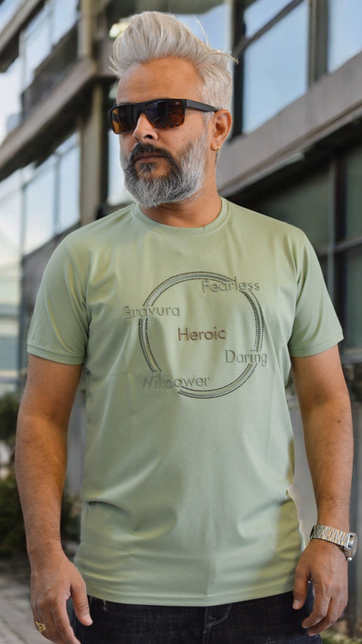 Heroic Embossed Men's Partywear T-Shirt – Premium Round Neck Designer Tee with Silicon Embossing