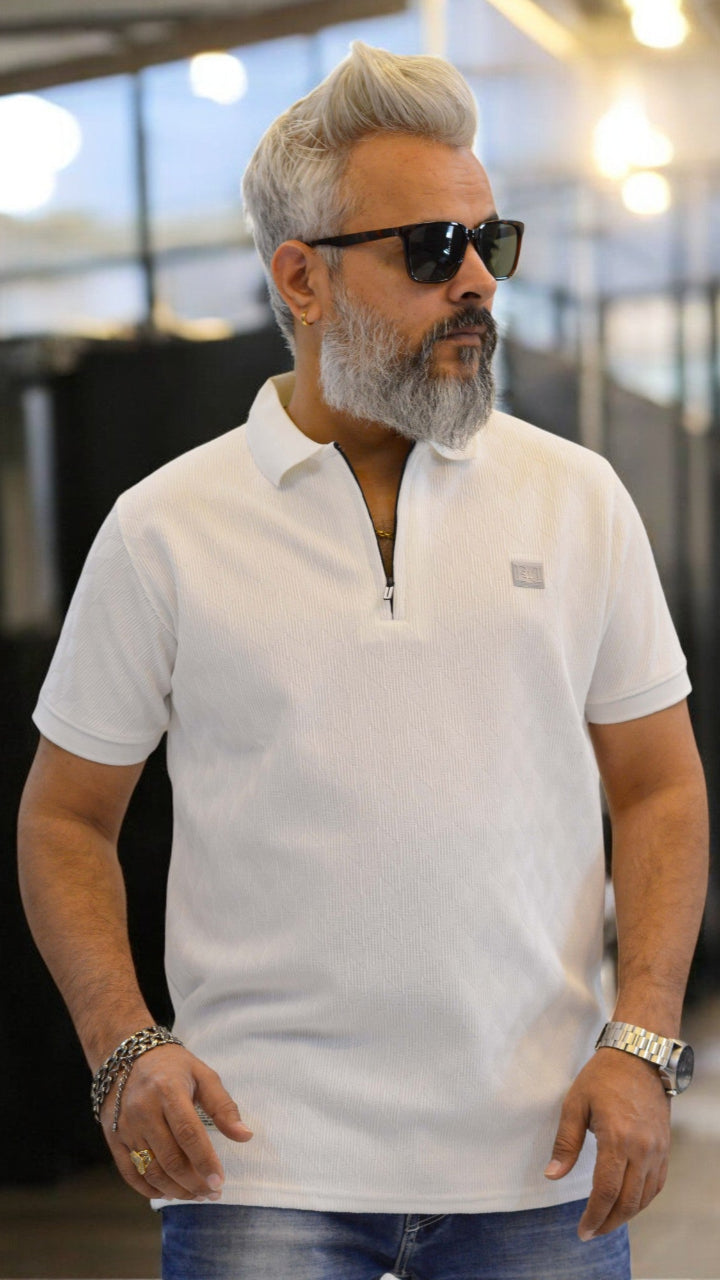 white side view of Men’s Polo T-Shirt with Zipper – Classic Fit, Premium Jacquard Fabric – Available in Multiple Colors