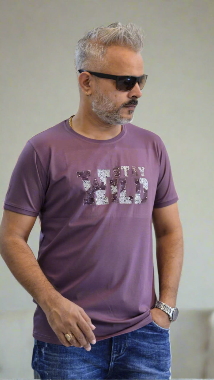 ROUND NECK HALF SLEEVE MENS TSHIRT , MENS TEE CREW NECK , stay wild HALF SLEEVE,  PURPLE COLOR TSHIRT