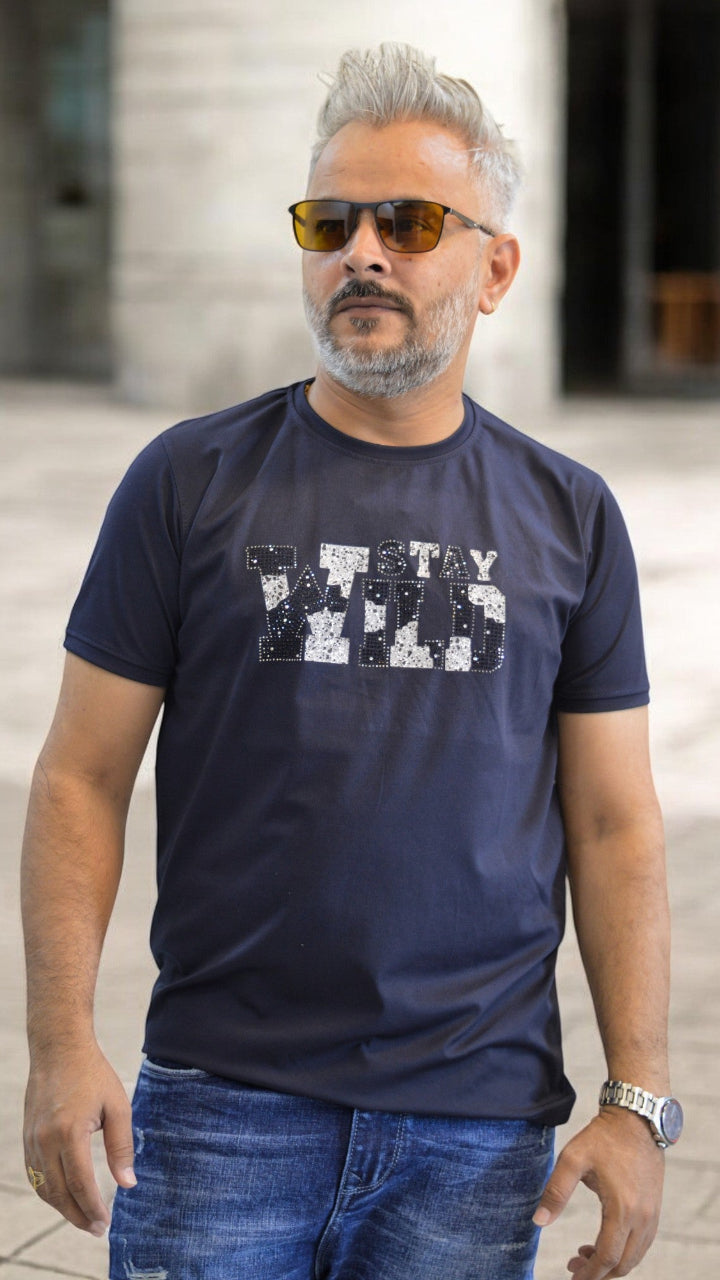 ROUND NECK HALF SLEEVE MENS TSHIRT , MENS TEE CREW NECK , stay wild HALF SLEEVE,  navy blue COLOR TSHIRT