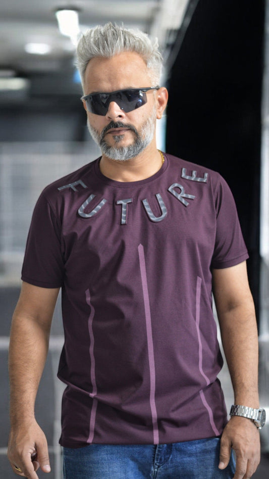 ROUND NECK TSHIRT , FUTURE EMBOSSED WINE COLOR