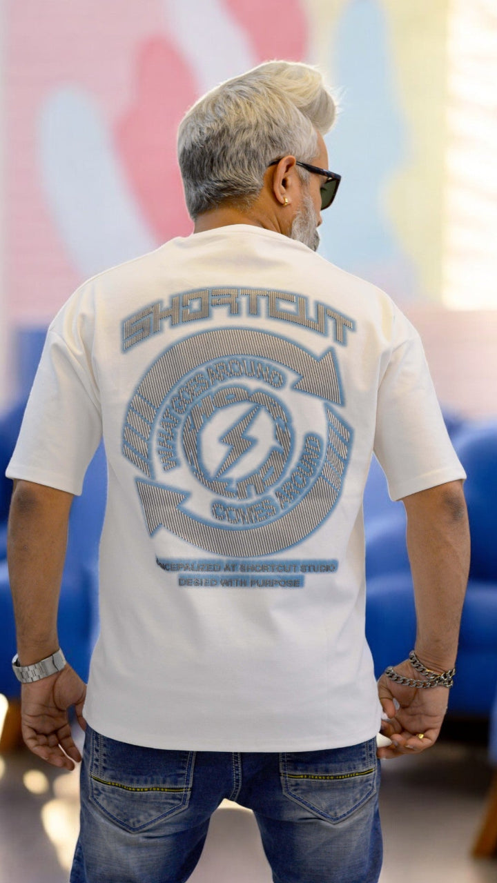 Back View: "Back view of white oversized T-shirt – Relaxed drop-shoulder fit with vibrant HD print"
