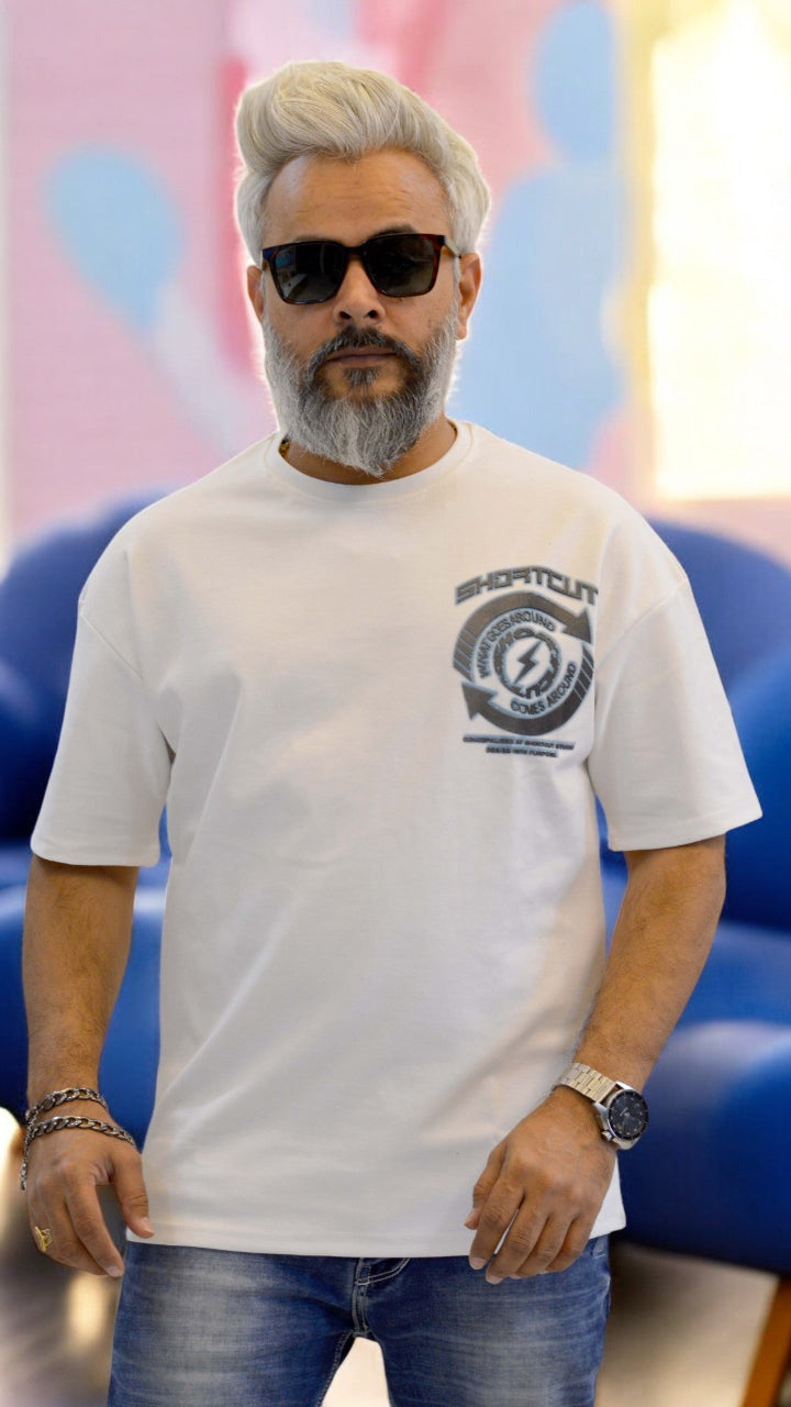 Front View: "White oversized T-shirt for men – Premium cotton fabric with HD streetwear printing"
