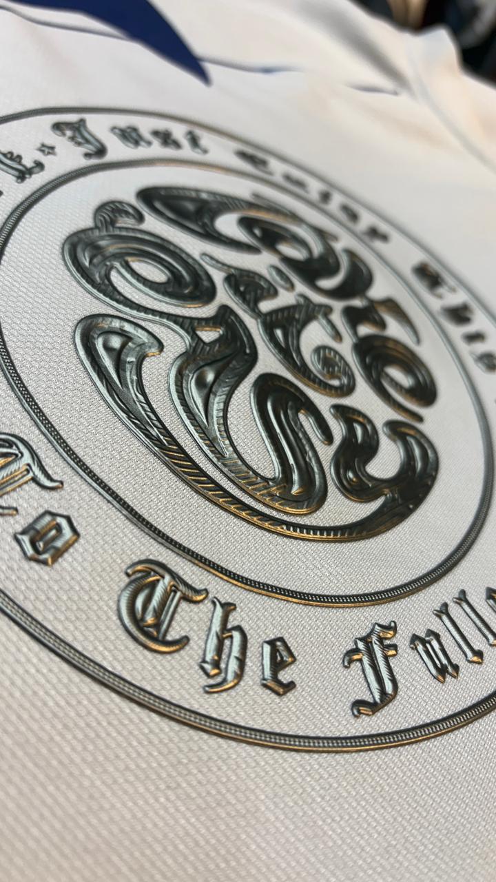 Close-up of a logo with text on a white background