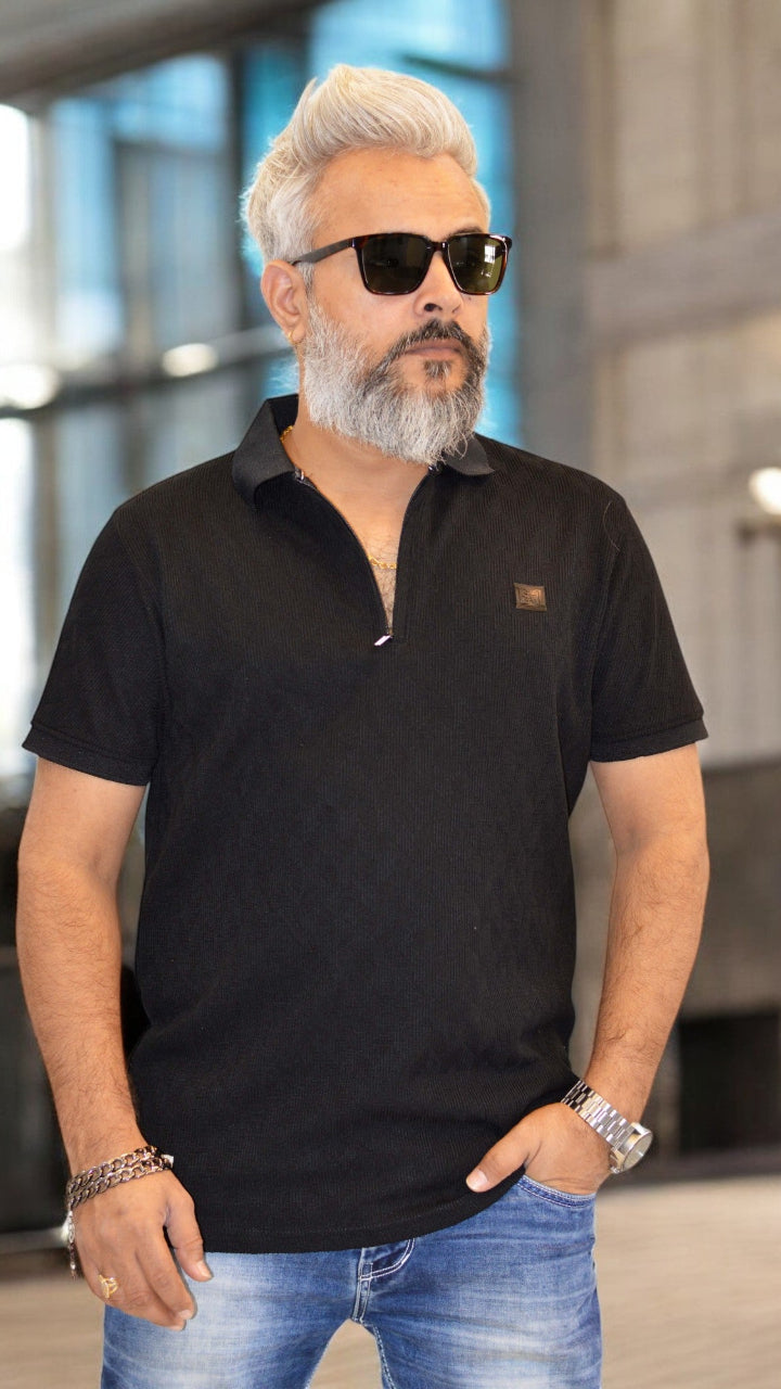 Side View: Men’s Polo T-Shirt with Zipper – Classic Fit, Premium Jacquard Fabric – Available in Multiple Colors
