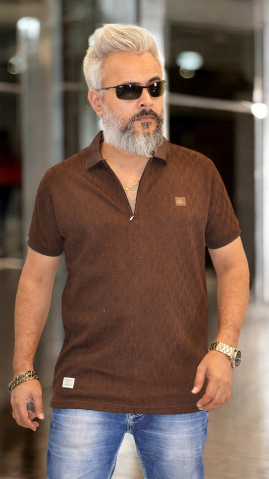 Front View: Men’s Premium Polo T-Shirt with Zipper in Brown – Jacquard Fabric, Silicon Embossing – Stylish & Comfortable

