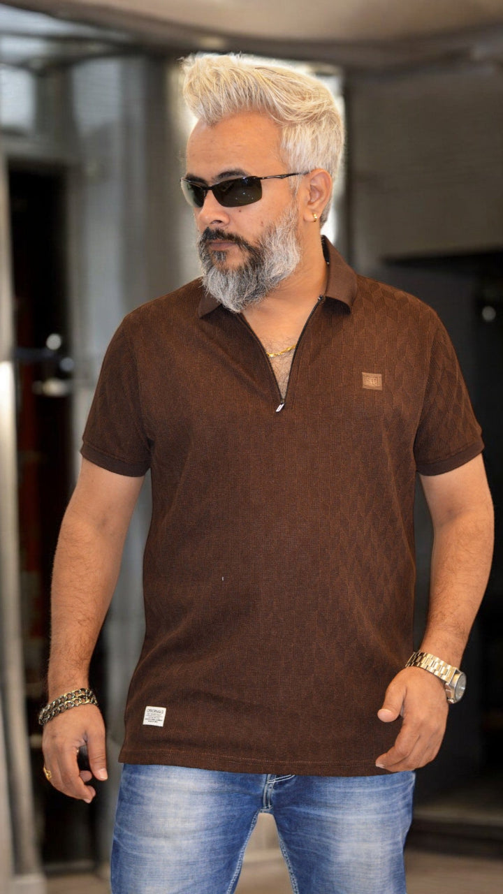 Side View: Men’s Premium Polo T-Shirt with Zipper in brown – Jacquard Fabric, Silicon Embossing – Stylish & Comfortable

