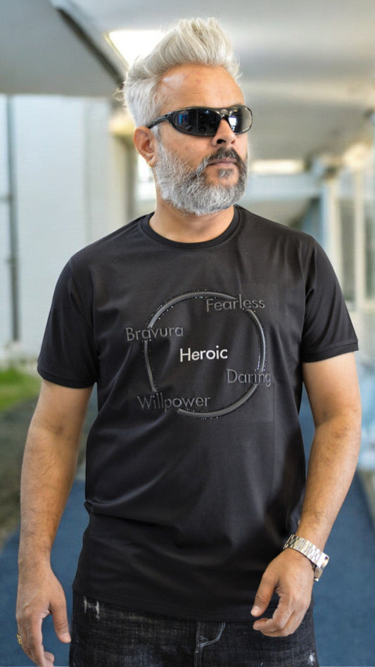 Embossing Detail: Close-up of Silicon Embossed Design on Heroic Partywear T-Shirt for Men