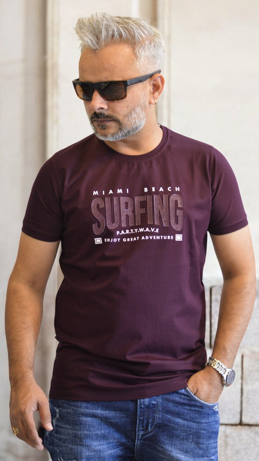 Men's T-shirt , wine Color half Sleeve Party wear Imported T-shirt , Designer men's T-shirt surfing design 