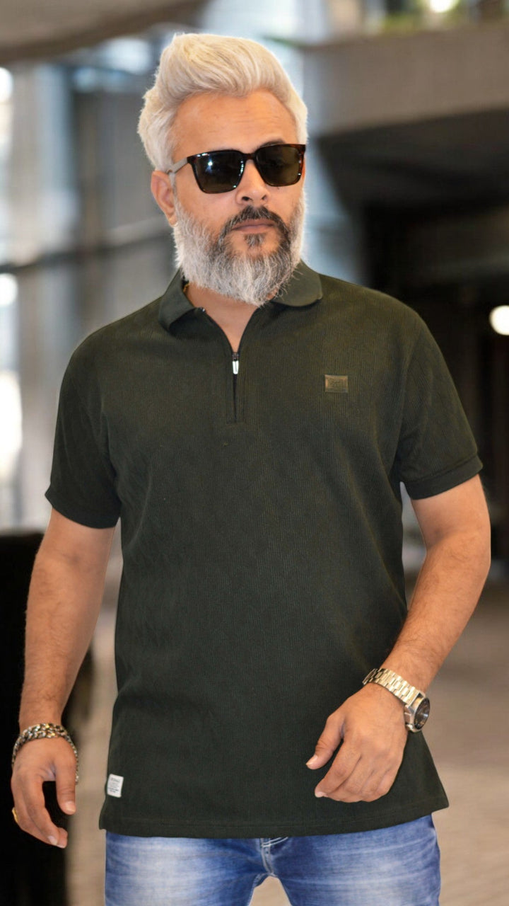 Front View: Men’s Premium Polo T-Shirt with Zipper in Olive Green – Jacquard Fabric, Silicon Embossing – Stylish & Comfortable
