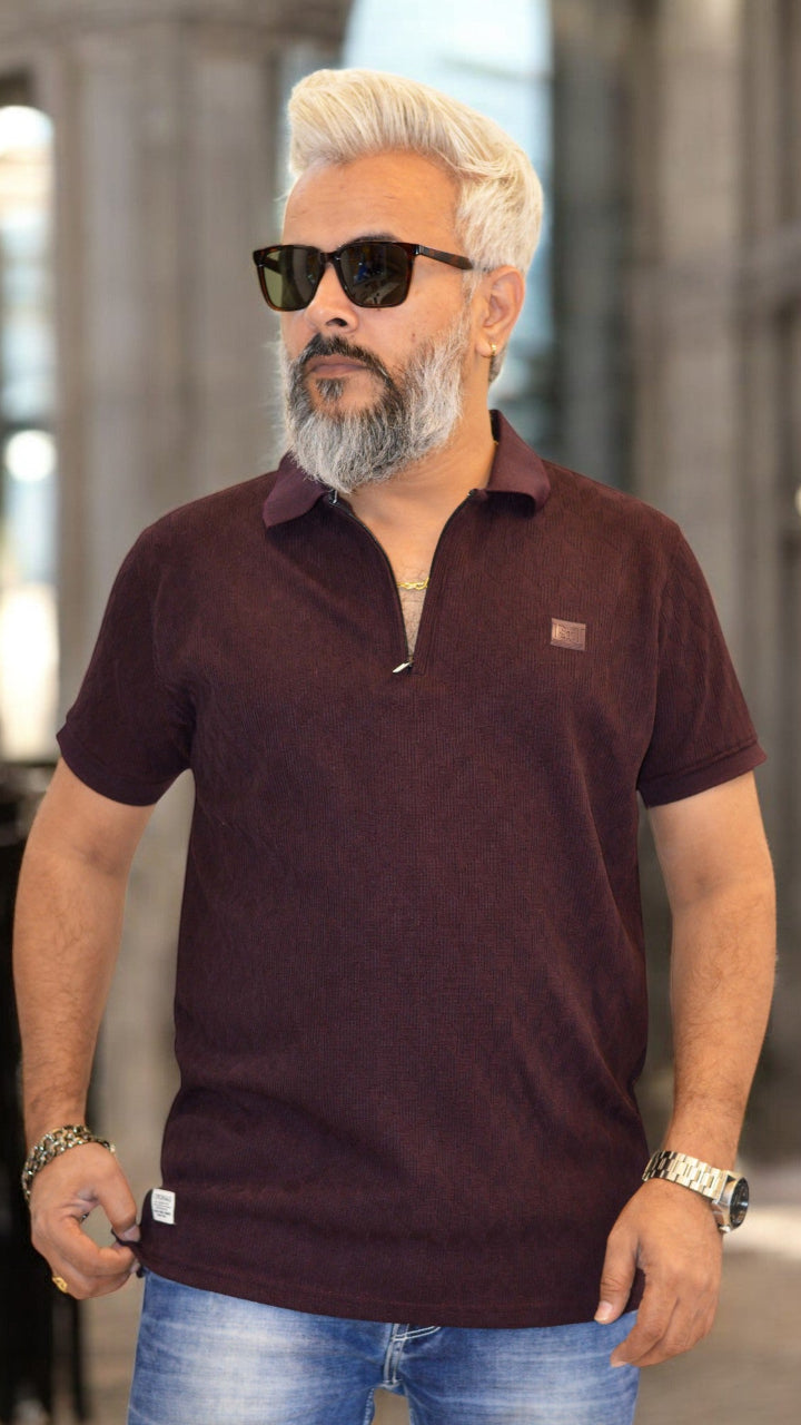 Men’s Polo T-Shirt with Zipper – Classic Fit, Premium Jacquard Fabric – Available in Multiple Colors side view