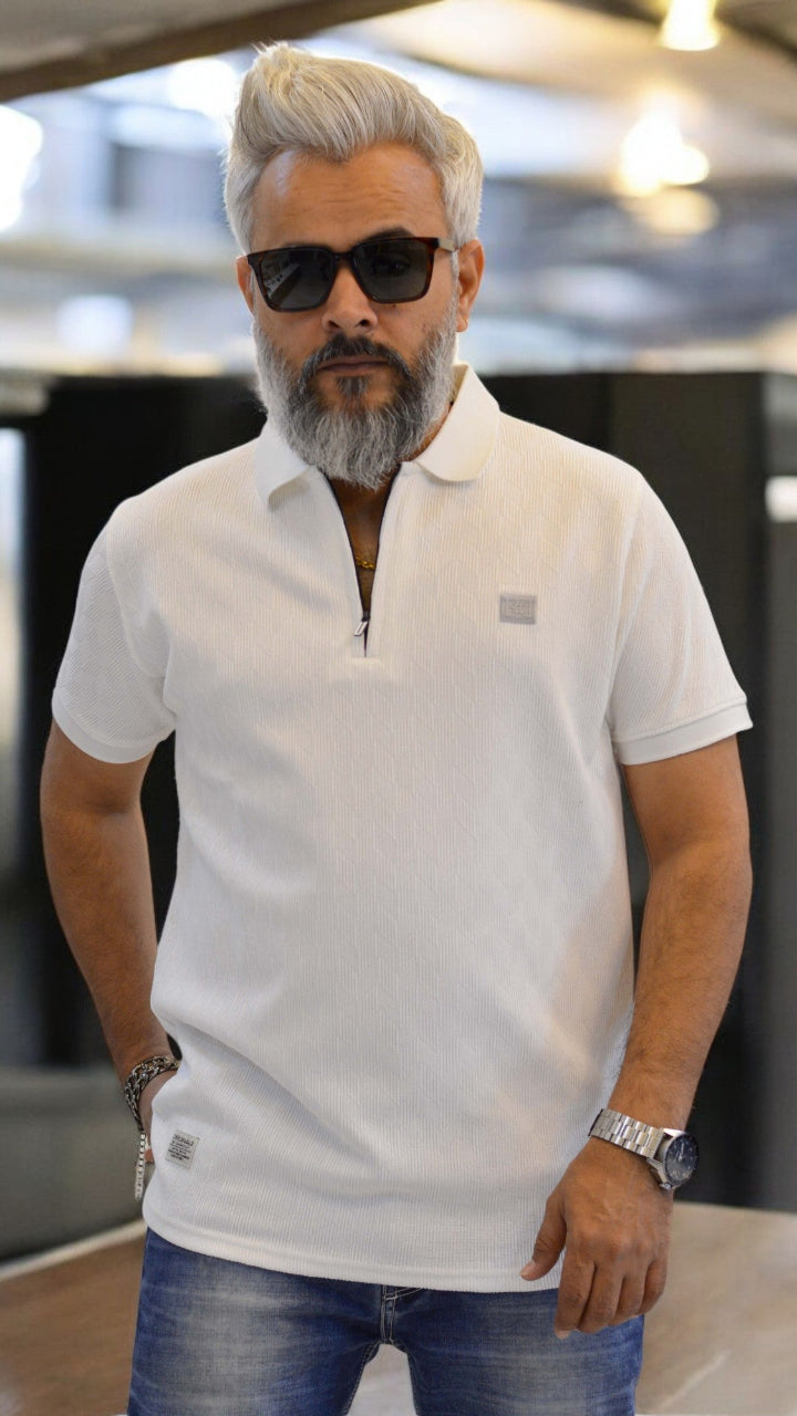 Front View: Men’s Premium Polo T-Shirt with Zipper in white – Jacquard Fabric, Silicon Embossing – Stylish & Comfortable
